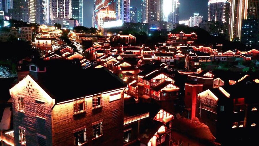 Chongqing: Illuminated Night Tour with Cruise or Hot Pot - Qiansimen Bridge offers the classic Hongya Cave view